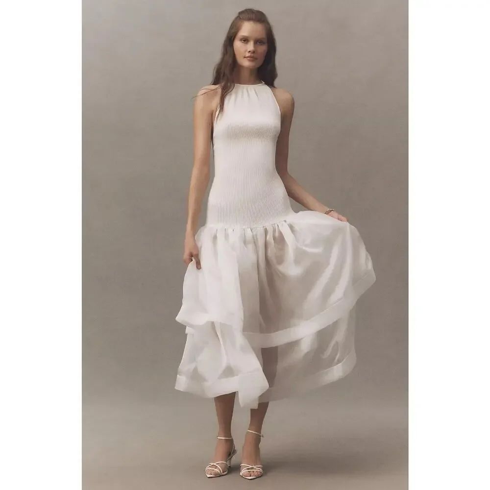 NWT L'IDÉE Carrie Halter Drop-Waist Tiered Maxi Dress Ivory size 8